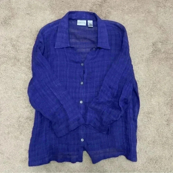 Beautiful Chico’s Sheer Purple Blouse Button Down Three-Quarter Length Sleeves - Picture 12 of 13